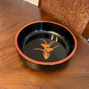 Vintage Japanese Laquerware Bowl / Snack Bowl Black w/Orange Iris